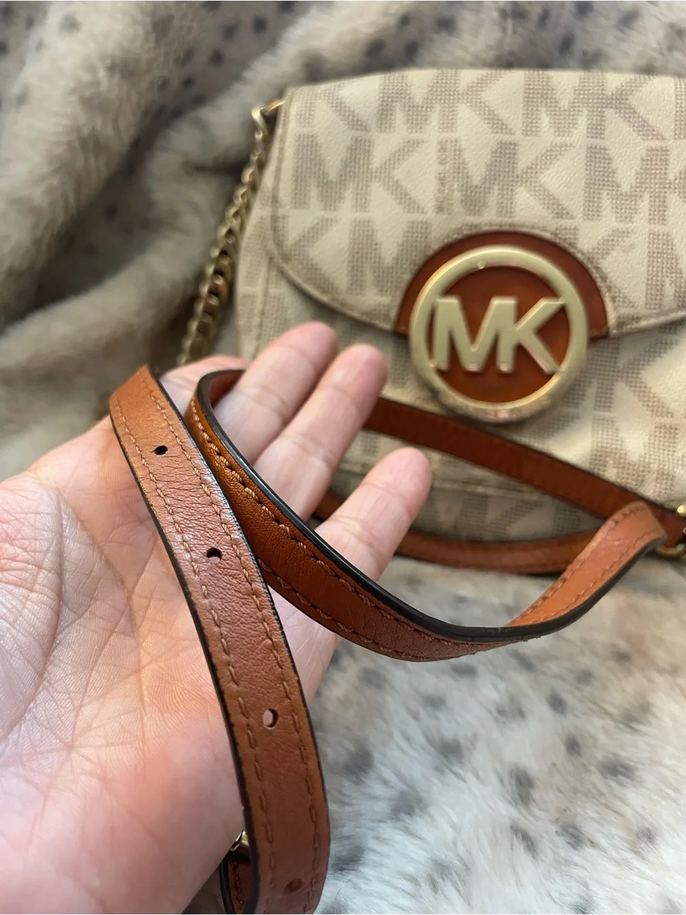 Michael Kors Cream Canvas & Brown Leather MK Logo Crossbody Bag